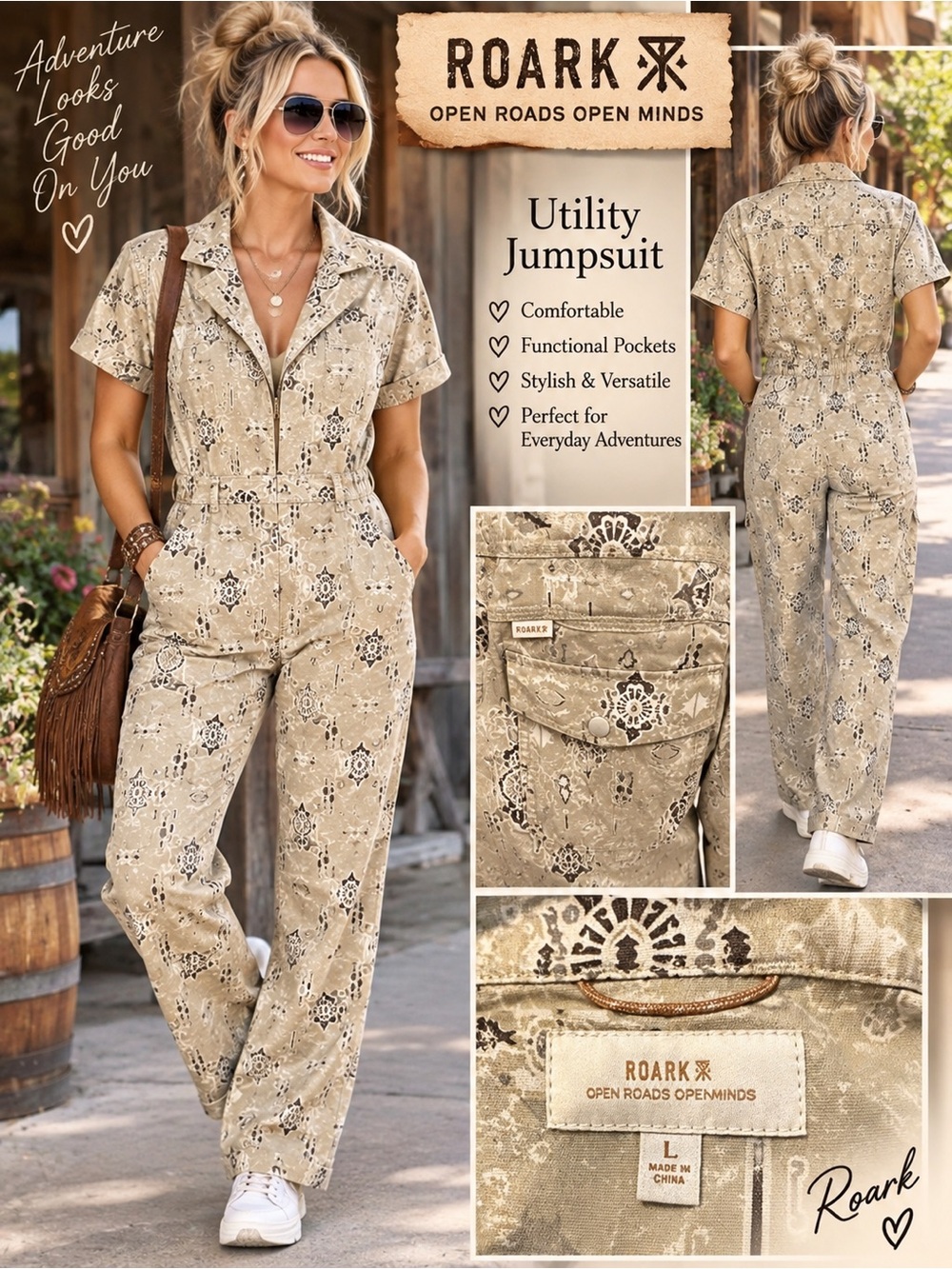 Roark Beige Printed Utility Jumpsuit